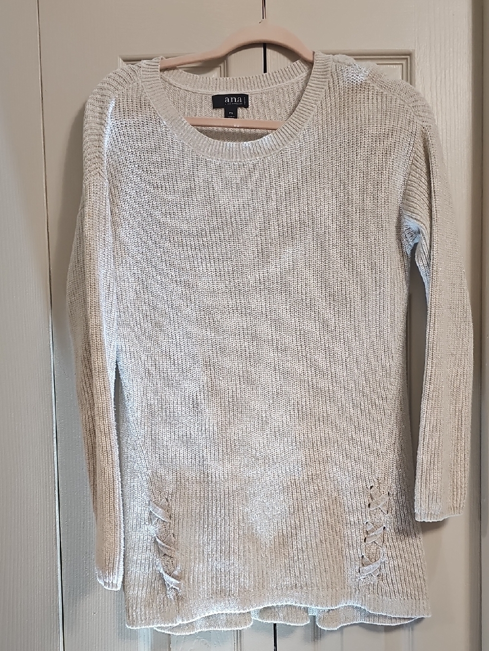 a.n.a Cream Lace-Up Hem Crewneck Sweater